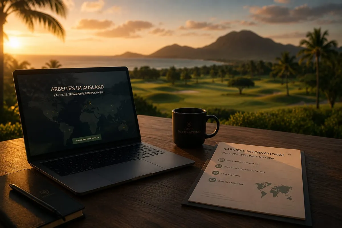 Arbeiten im Ausland: Laptop und Weltkarte mit Blick auf einen Golfplatz