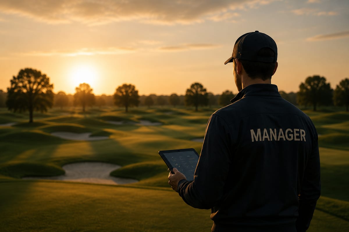Golf Manager mit Tablet auf der Golfanlage