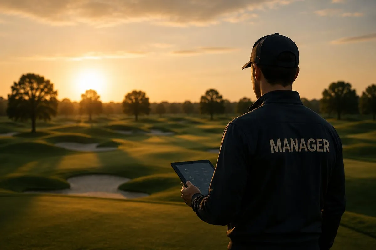 Golf Manager mit Tablet auf der Golfanlage
