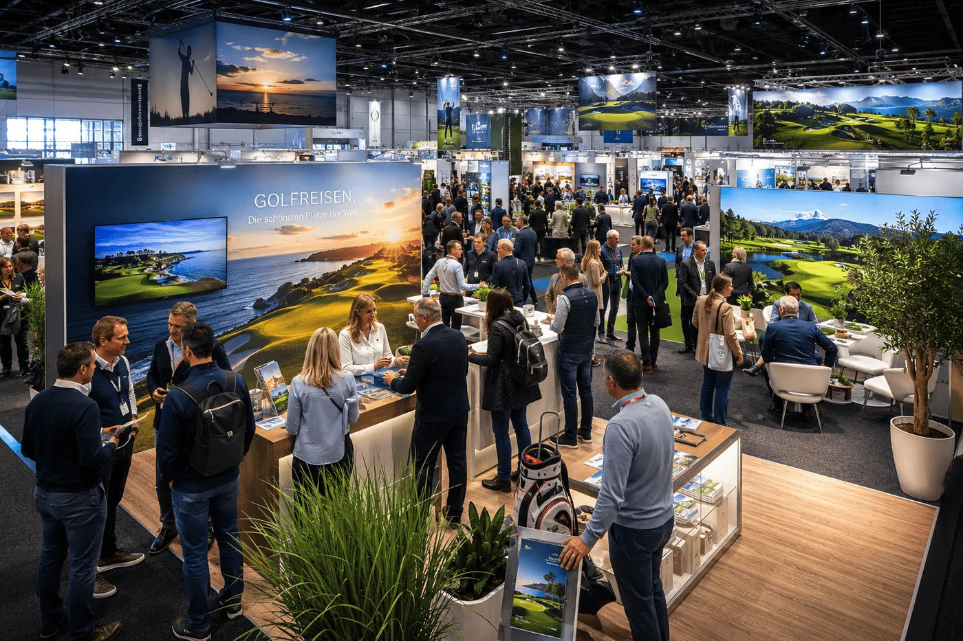 Golfmesse mit Ausstellern und Besuchern in einer Messehalle