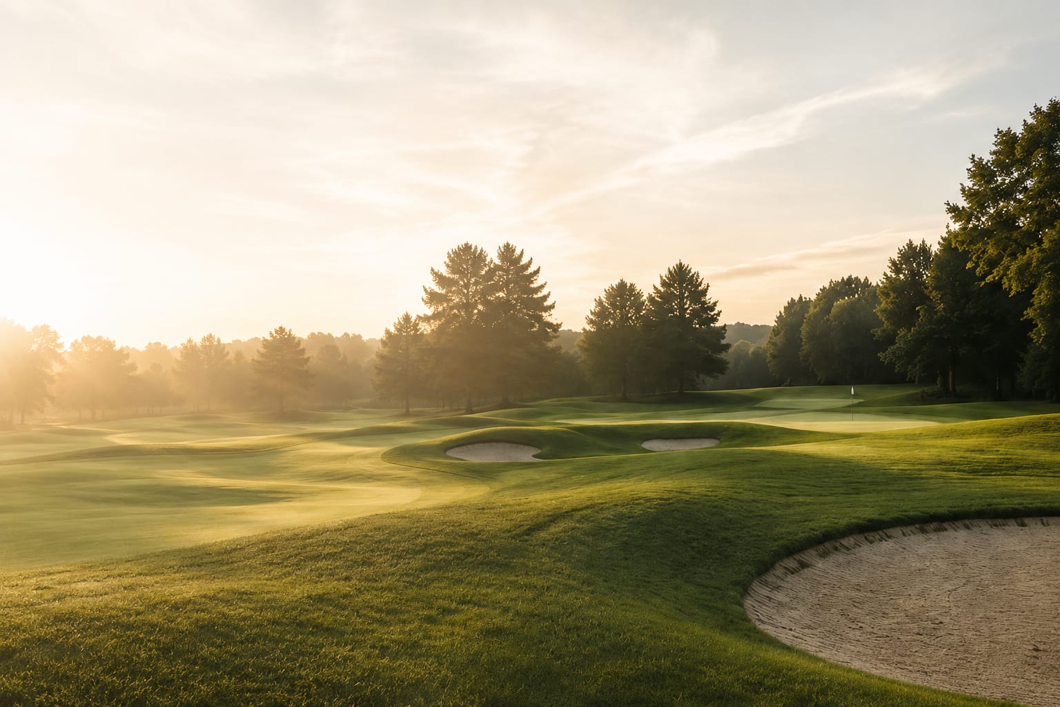 Golfplatz im goldenen Morgenlicht
