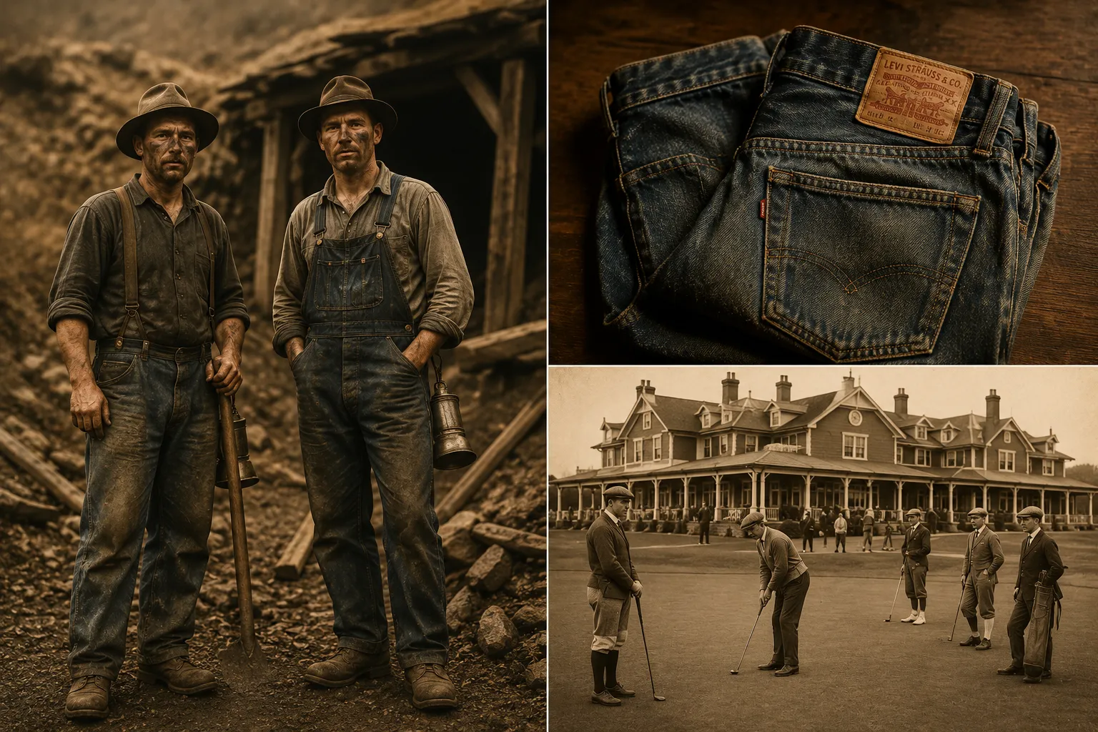 Jeans als Arbeiterkleidung: Bergarbeiter in Denim, eine alte Levi's und Golfer der 1920er Jahre