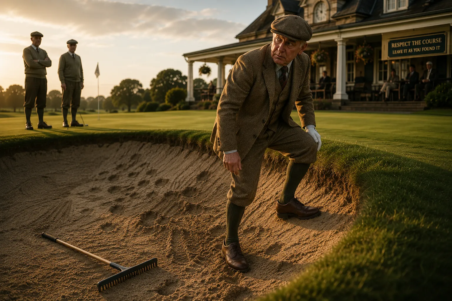 Tadellos in Tweed gekleideter Golfer verlässt einen Bunker, ohne ihn zu harken, im Hintergrund mahnt ein Schild Respect the Course