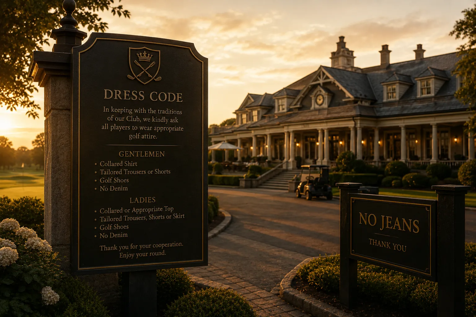 Dresscode-Schild eines traditionellen Golfclubs mit dem Hinweis No Denim und No Jeans