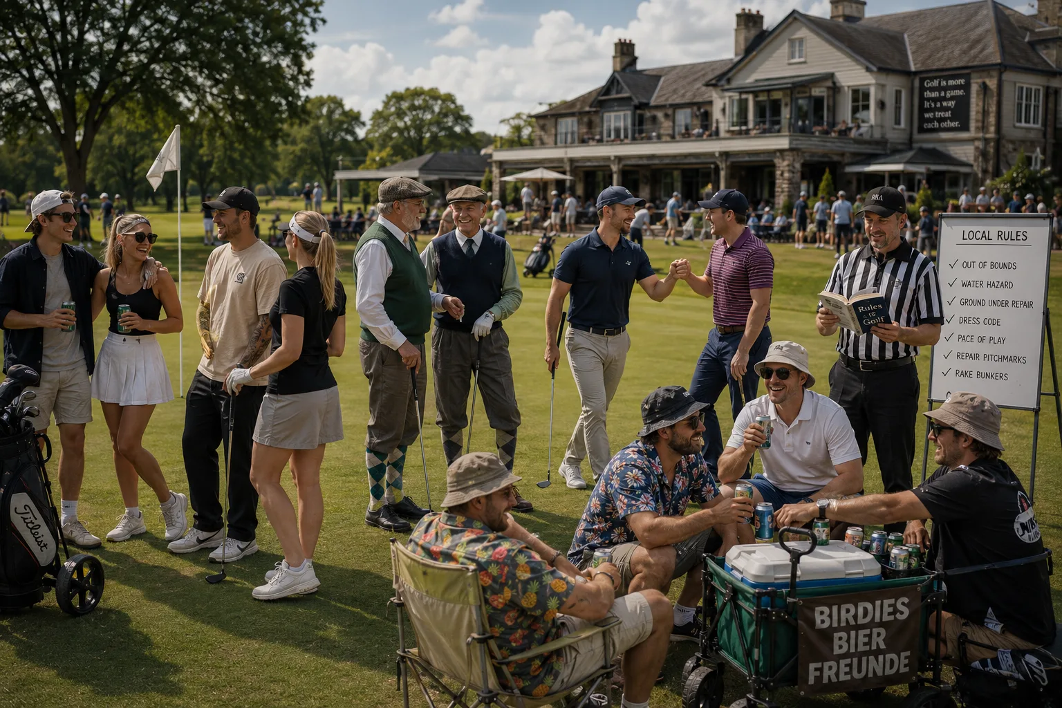 Golferinnen und Golfer aller Stile feiern gemeinsam vor dem Clubhaus, vom Tweed-Träger bis zur Jeans-Gruppe, daneben die Local Rules mit Pitchmarken und Bunker-Regeln