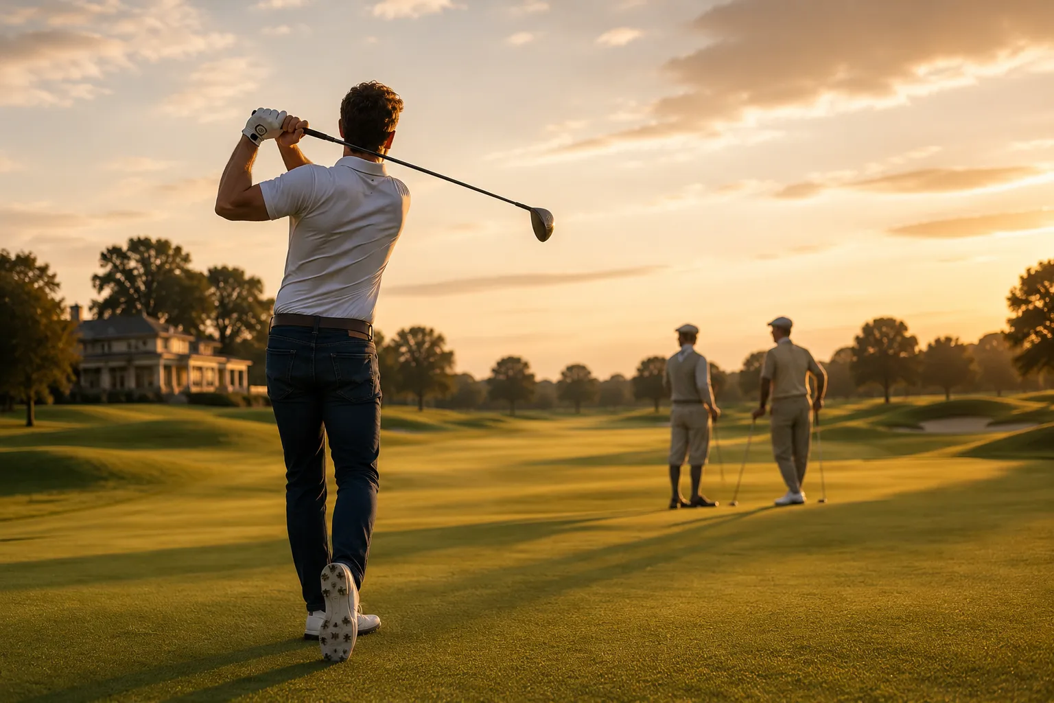Golfer schlägt in Jeans und Polo ab, im Hintergrund schauen traditionell gekleidete Golfer zu