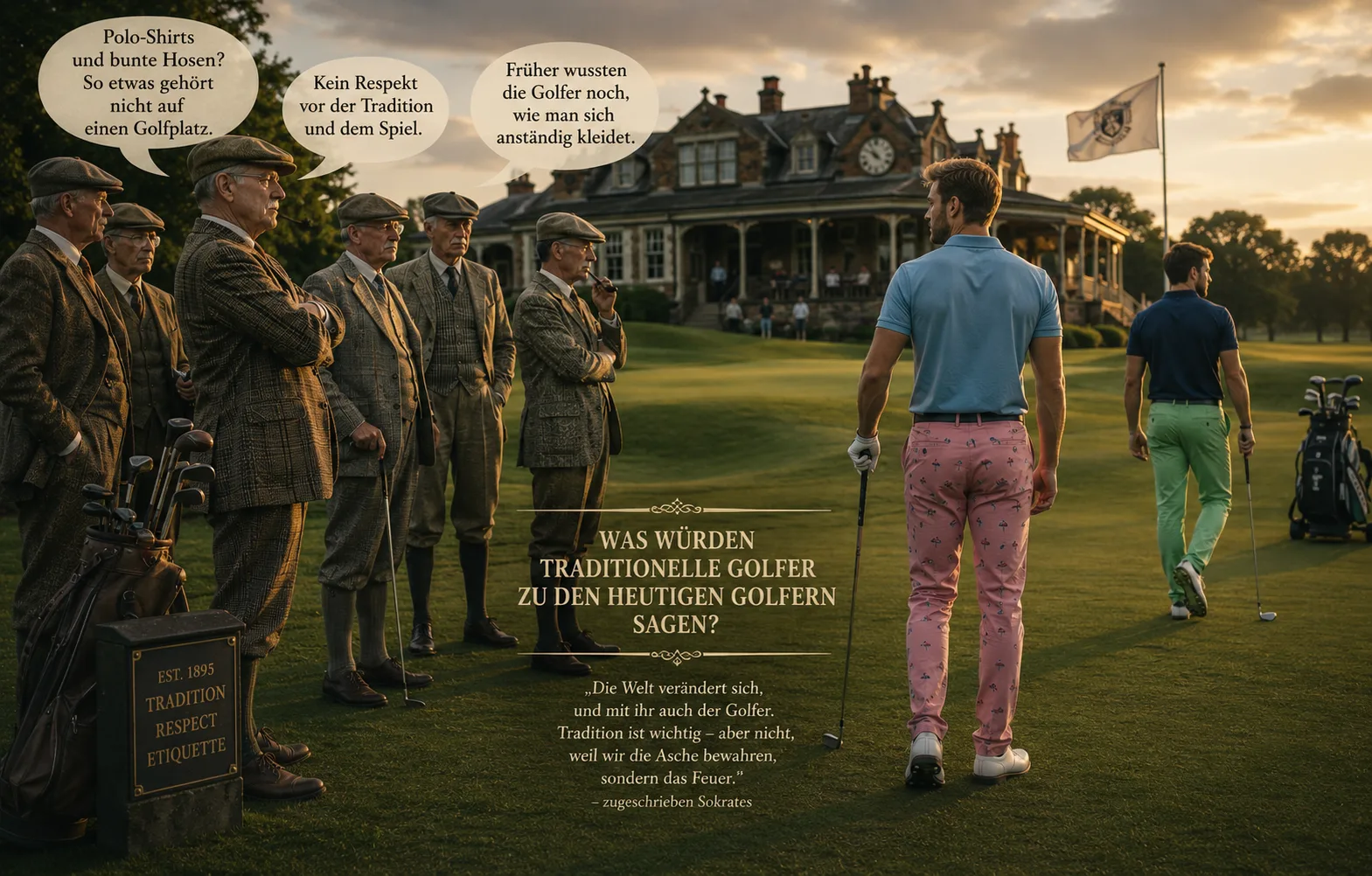 Traditionell gekleidete Golfer schütteln den Kopf über moderne Golfer in Jeans und Hoodie, dazu das Sokrates zugeschriebene Zitat über Tradition als Weitergabe des Feuers