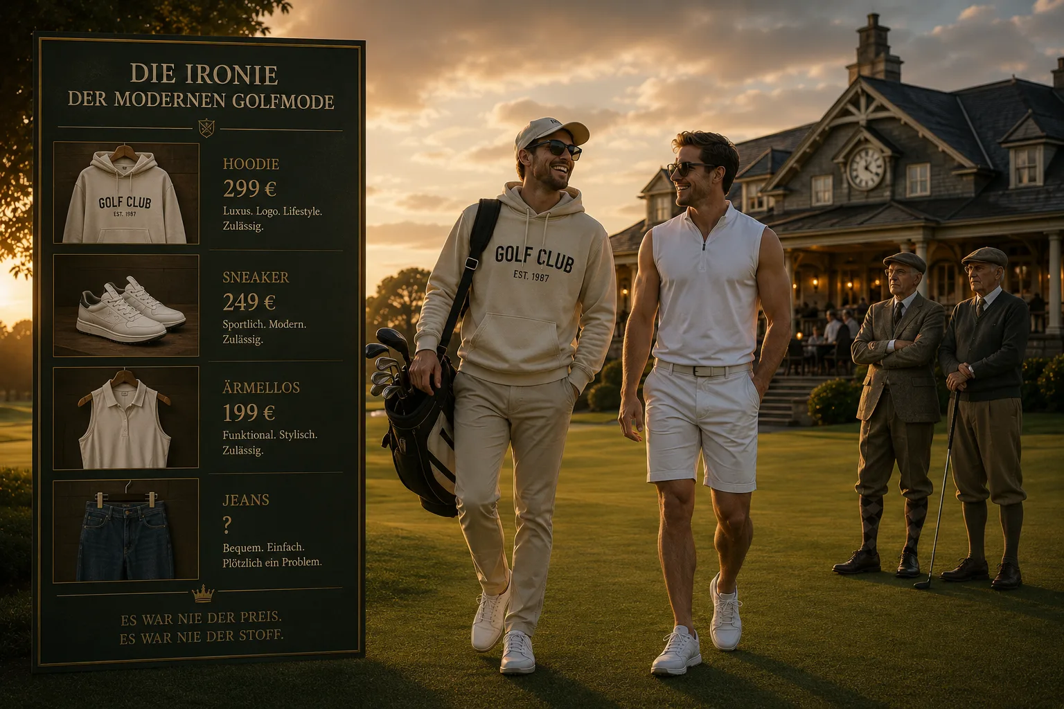 Die Ironie der modernen Golfmode: Hoodie für 299 Euro zulässig, Sneaker für 249 Euro zulässig, ärmellos für 199 Euro zulässig, nur die Jeans ist plötzlich ein Problem