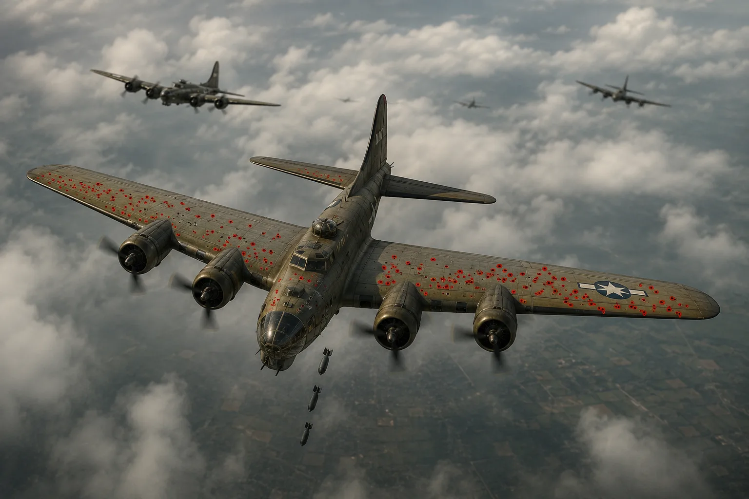 Zurückgekehrte Bomber mit rot markierten Einschusslöchern an Flügeln und Rumpf, das klassische Bild des Survivorship Bias