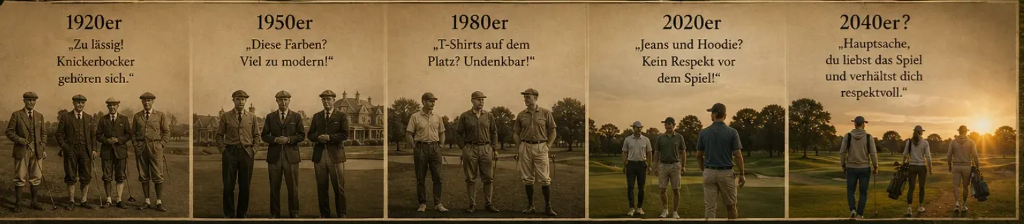 Zeitleiste der Empörung: von „zu lässig" in den 1920ern über „T-Shirts undenkbar" in den 1980ern bis „Hauptsache, du liebst das Spiel" in den 2040ern